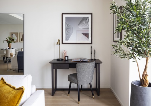 Home office desk set up in a modern apartment with Vertus, Canary Wharf