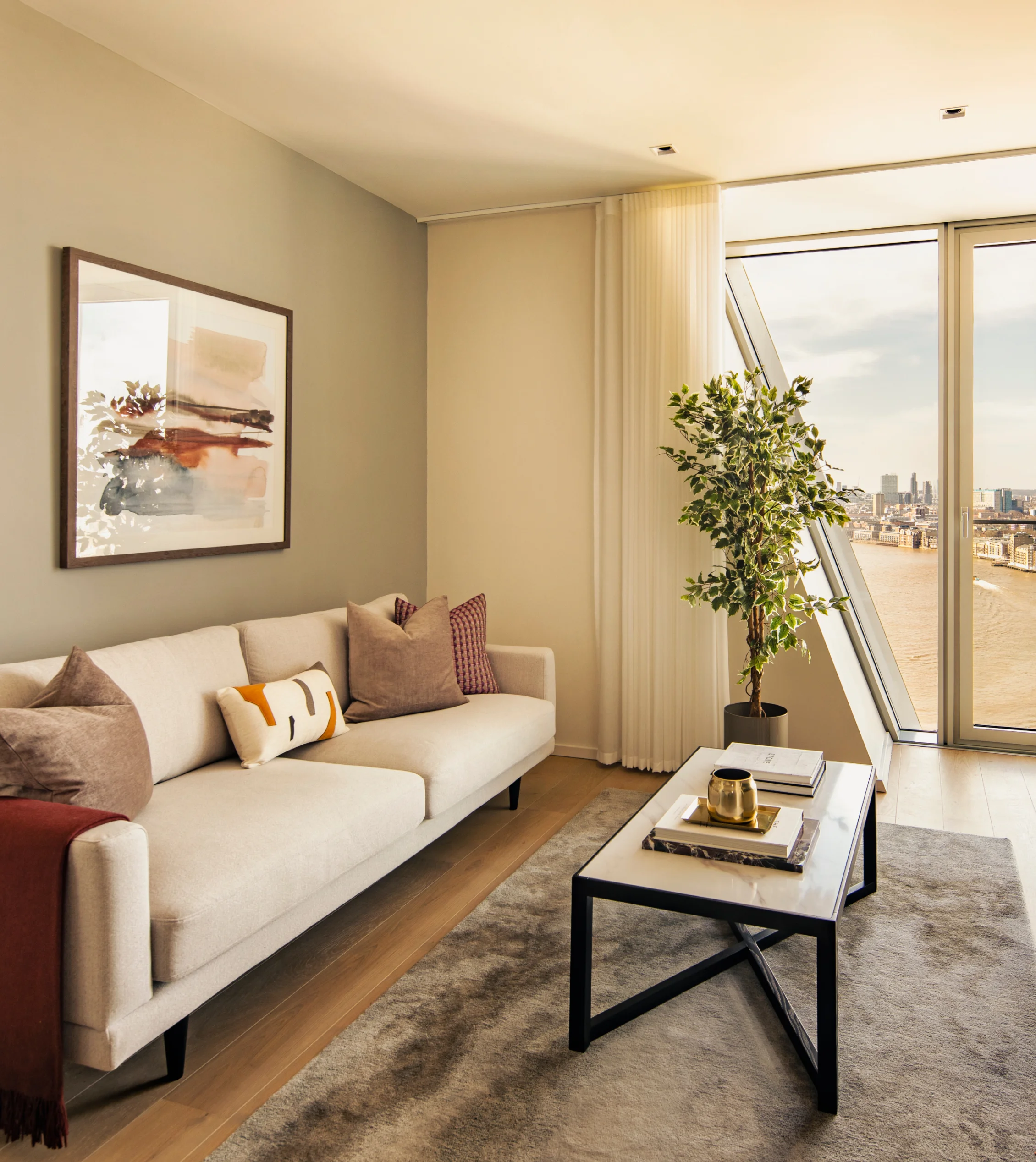 living room area with view of thames in studio apartment in newfoundland